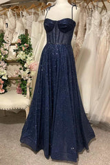 Shiny Dark Navy Blue Long Lace Prom Dresses, Dark Navy Blue Long Formal Evening Dresses