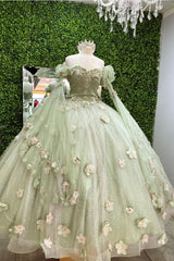 Shiny Light Sage Green Princess Dress with Flowers拢卢Light Sage Green Ball Gown,Sweet 16 Dress