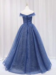 Shiny Off Shoulder Navy Blue Tulle Long Prom Dresses, Navy Blue Formal Graduation Evening Dresses