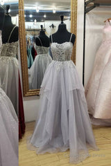 Shiny Open Back Gray Lace Long Prom Dresses, Gray Lace Formal Dresses, Long Grey Evening Dresses