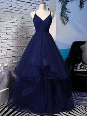 Shiny V Neck Navy Blue Long Prom Dresses, Fluffy Navy Blue Formal Evening Dresses, Sparkly Ball