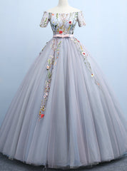 Shop Designer Gray Ball Gown Tulle Off the Shoulder Short Sleeve Embroidery