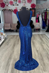 Royal Blue Plunging V Neck Sequins Mermaid Long Prom Dress