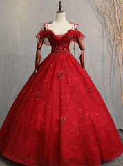 Shops Around The World Burgundy Ball Gown Tulle Lace Spagehtti Straps Appliques Quinceanera Dress