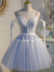 Short Blue Lace Prom Dresses, Short Blue lace Formal Homecoming Dresses