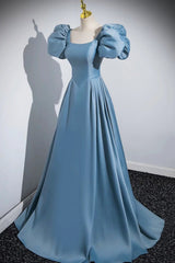 Short Blue Satin Long Prom Dresses, Short Blue Satin Long Formal Evening Dresses