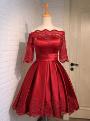 Short Half Sleeve Burgundy Satin Evening Dress Graduation Dresses