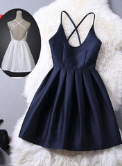 Short Navy Blue Women Dresses, Cross Back Party Dresses,Graduation Dresses