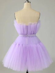 Short Purple Strapless Tulle Prom Dresses, Short Lavender Tulle Graduation Homecoming Dresses