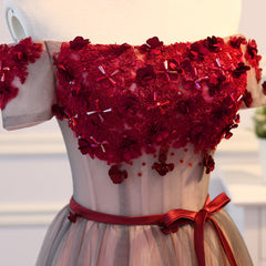 Short Sleeves Burgundy Floral Long Prom Dresses, Burgundy Floral Formal Bridesmaid Dresses