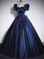 Short Sleeves Dark Blue Long Prom Dresses, Dark Blue Short Sleeves Long Formal Evening Dresses