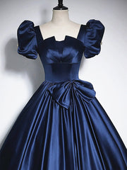 Short Sleeves Dark Blue Long Prom Dresses, Dark Blue Short Sleeves Long Formal Evening Dresses