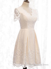 Short Sleeves Short Champagne Lace Prom Dresses, Short Champagne Lace Formal Wedding Dresses