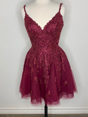 Short V Neck Burgundy Lace Prom Dresses, Short Wine Red Lace Homecoming Graduation Dresses