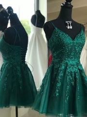 Short V Neck Dark Green Lace Prom Dresses, Short Dark Green Lace Graduation Homecoming Dresses