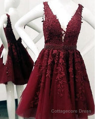 Short V-neck Tulle Prom Homecoming Dresses Lace Embroidery