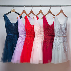 Short V-neckline Tulle with Applique Short Formal Dress, Cute Party Dress