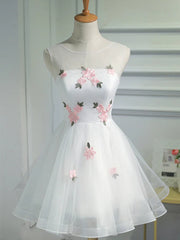 Short White Floral Prom Dresses, Short White Floral Formal Homecoming Dresses