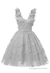 Silver 3D Butterfly Lace Applique Tulle Homecoming Dress for Teens Sweetheart Mini Short Prom Dresses