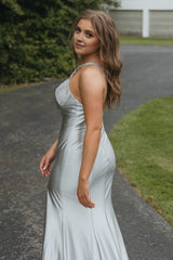 Silver Halter Mermaid Satin Beaded Prom Dress With Split