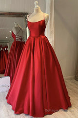 Simple Backless Red Satin Long Prom Dress, Backless Red Formal Dress, Red Evening Dress