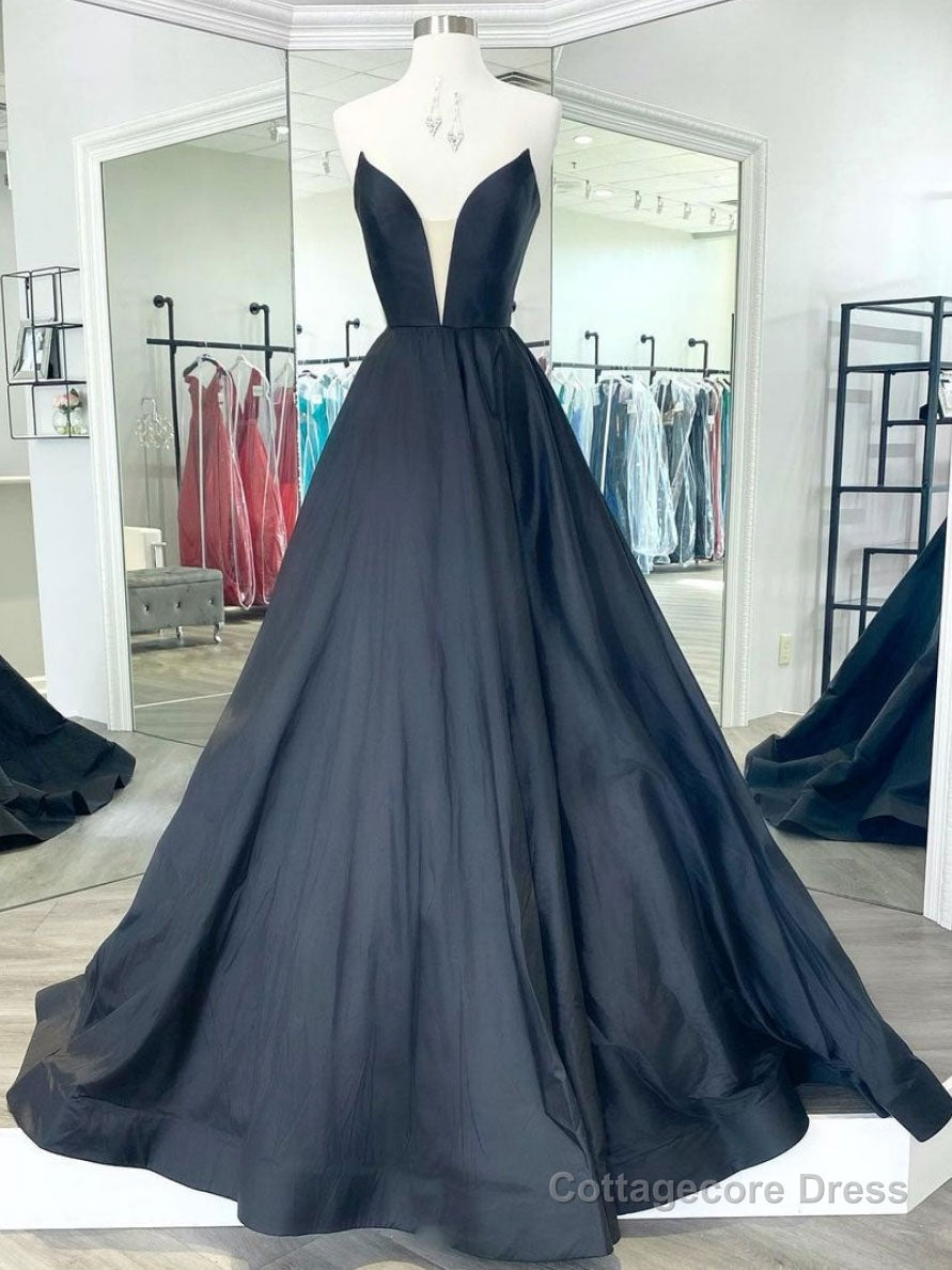 Simple black satin long prom dress, black evening dress