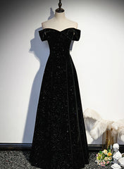 Simple Black Sweetheart Off Shoulder Long Velvet Prom Dress, Black Evening Dress