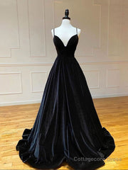 Simple Black velvet long prom dress, black evening dress