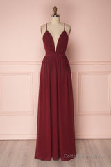 Simple burgundy chiffon long prom dress burgundy formal dress