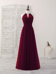 Simple Burgundy Tulle Long Prom Dress, Burgundy Bridesmaid Dress