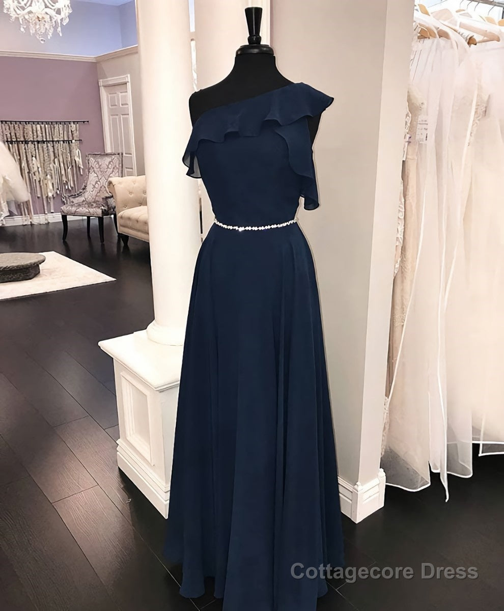 Simple chiffon dark blue long prom dress, bridesmaid dress