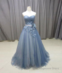 Simple gray blue tulle lace applique long prom dress, tulle evening dress