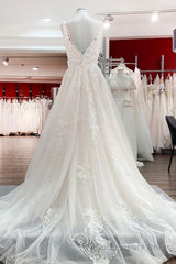 Simple Long A-line Tulle Lace V Neck Appliques Lace Open Back Wedding Dress