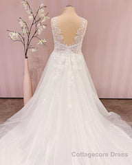 Simple Long V-neck A-Line Backless Wedding Dress With Appliques Lace