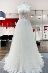 Simple Long V-neck Sequins Ruffles A-line Tulle Backless Wedding Dress