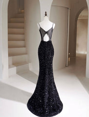 Simple Mermaid Velvet Sequin Black Long Prom Dress, Black Long Evening Dress