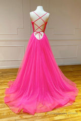 Simple pink v neck tulle long prom dress pink formal dress