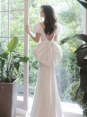 Simple Puff Sleeves Satin Mermaid White Long Prom Dress, White Long Formal Dress