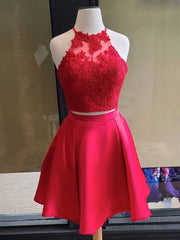 Simple red two pieces short lace prom dress, red homecoming dress