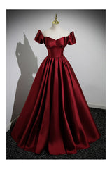 Simple Satin Burgundy Long Evening Gown with Short Sleeves