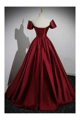 Simple Satin Burgundy Long Evening Gown with Short Sleeves