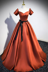 Simple Satin Long Prom Dress, Short Sleeve A-Line Evening Party Dress