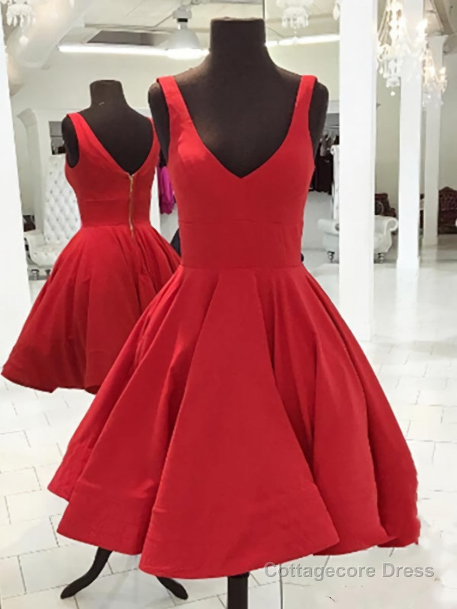 Simple Short V Neck Red Satin Prom Dresses, Short Red Formal Homecoming Dresses