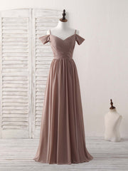 Simple V Neck Dark Champagne Chiffon Long Prom Dress, Bridesmaid Dress