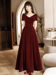 Simple V Neck Velvet Burgundy Long Prom Dress, Burgundy Long Formal Dress