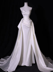 Simple White Mermaid Satin Strapless Pleats Wedding Dress