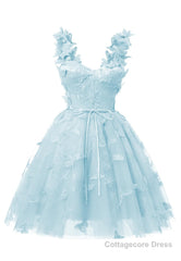 Sky Blue 3D Butterfly Lace Applique Tulle Homecoming Dress for Teens Sweetheart Mini Short Prom Dresses