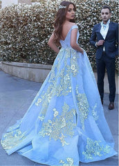 Sky Blue Ball Gown Lace Appliqued Off the Shoulder Quinceanera Dress