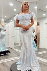 Sky Blue Sequin Mermaid Prom Dress with Feather