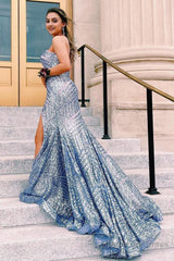 Sky Blue Sequins Strapless Long Prom Dress